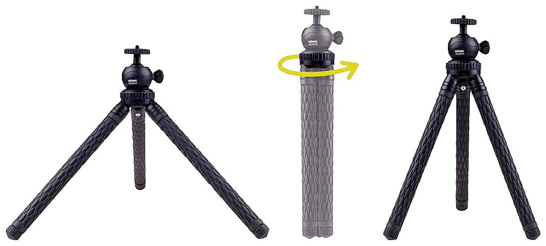 'Three camera tripods: on the left with legs spread; on the right upright. In the centre, the turning of the head is shown by an arrow.'
