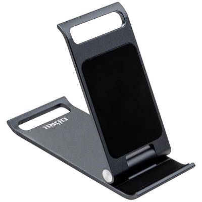 A black, adjustable metal smartphone stand, showing a sleek, foldable design with a non-slip surface and brand logo.