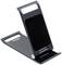 A black, adjustable metal smartphone stand, showing a sleek, foldable design with a non-slip surface and brand logo.