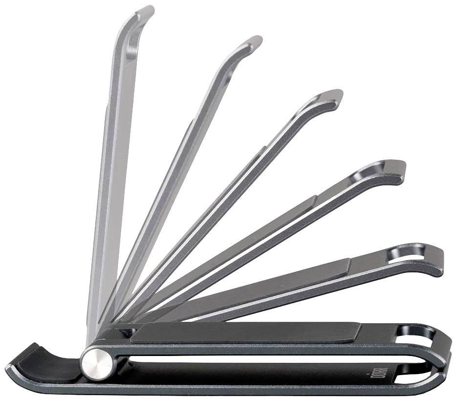 'Multitool in its open state with six unfolded tools, including various hexagonal Allen keys.'