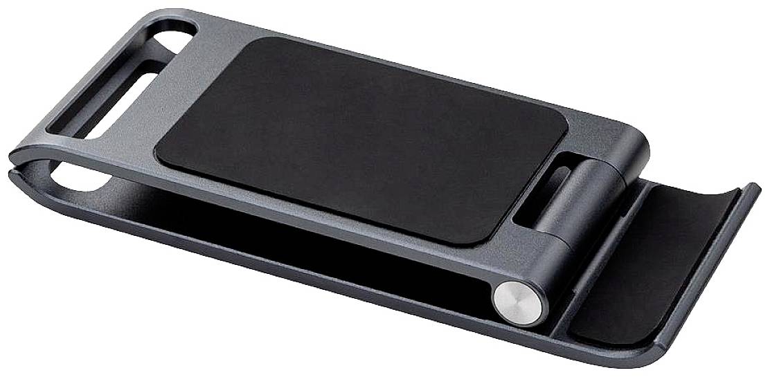 A foldable, black smartphone stand with a rubberised surface and a silver hinge for adjustable angles.