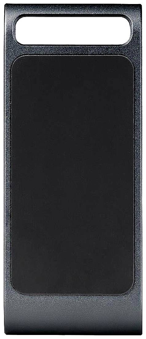 A black USB stick with rounded corners and a rectangular design with an opening at the top for attachment.