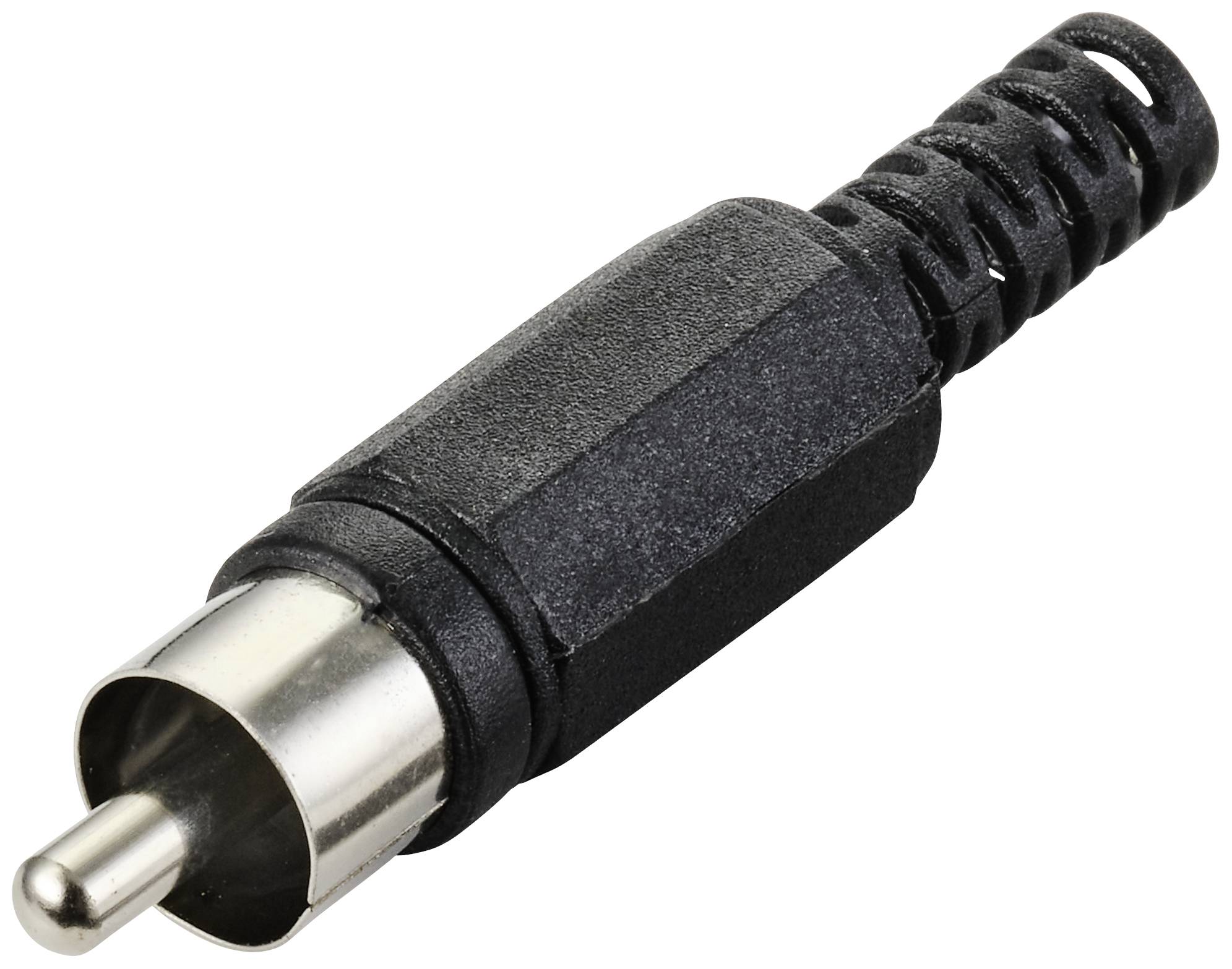 Black and silver RCA plug with metal tip and ribbed rubber casing. Suitable for audio-video connections.