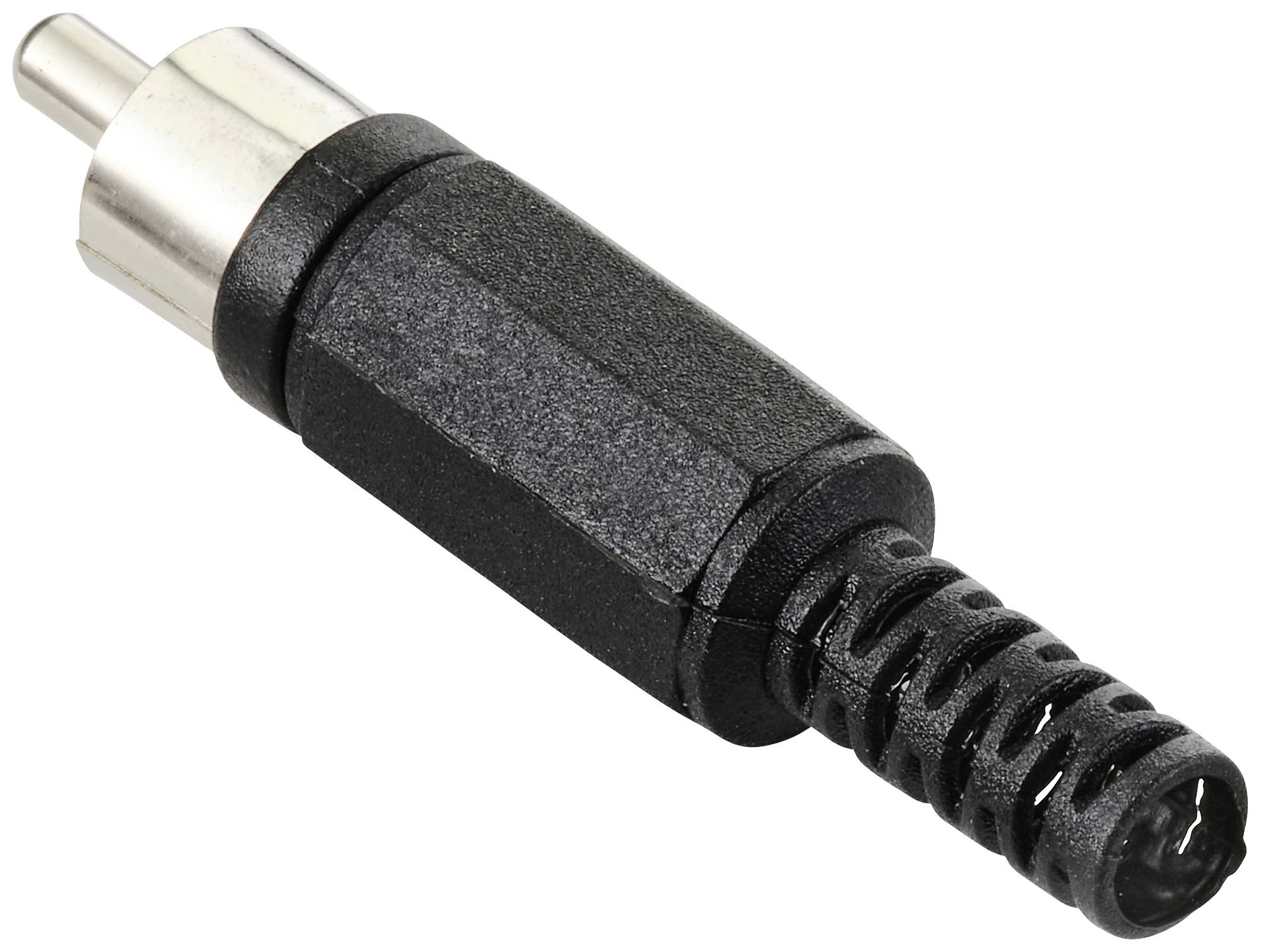 Black direct current adapter plug with silver tip and ribbed cable protection, typically used for electronic devices.