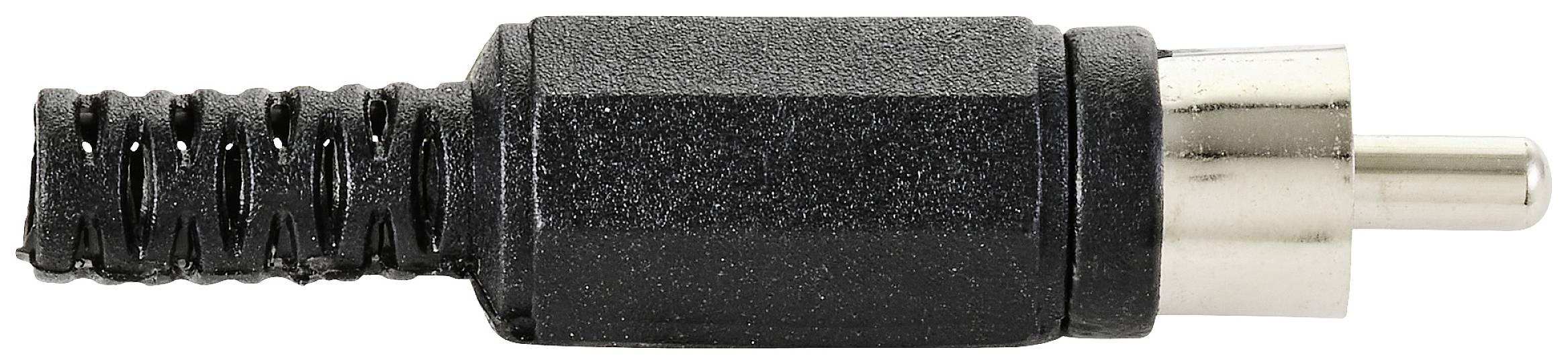 A black plug with a metal tip, commonly used for audio or video connections.