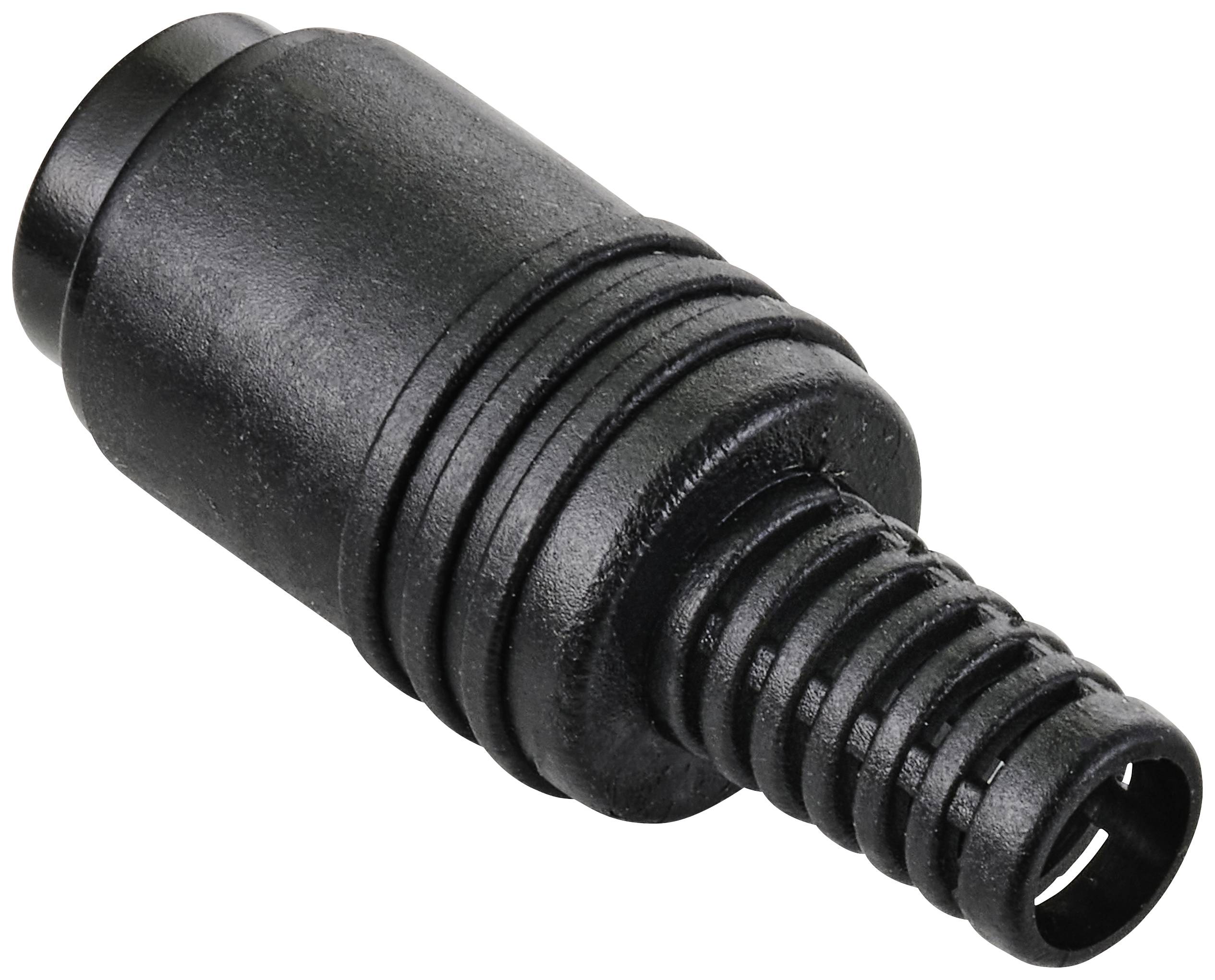 Black plastic adapter with ribbed structure and rounded end, suitable for connection to a hose or piping system.