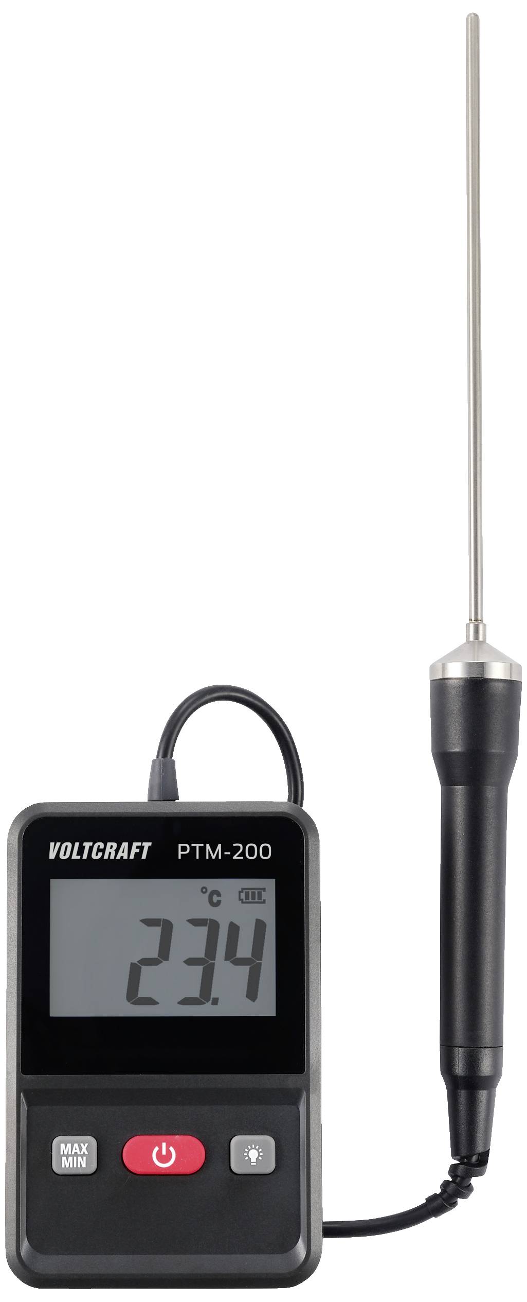 Digital thermometer with probe showing '23.4°C'. Brand: Voltcraft PTM-200. Suitable for precise temperature measurement.