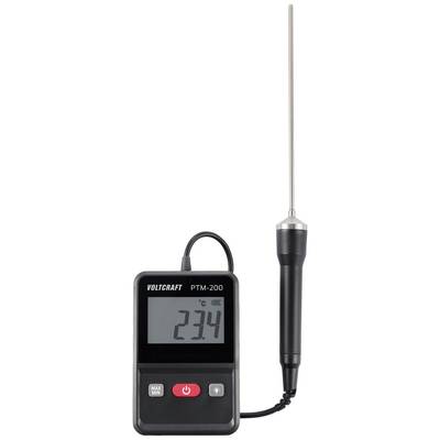 Digital thermometer with probe showing '23.4°C'. Brand: Voltcraft PTM-200. Suitable for precise temperature measurement.