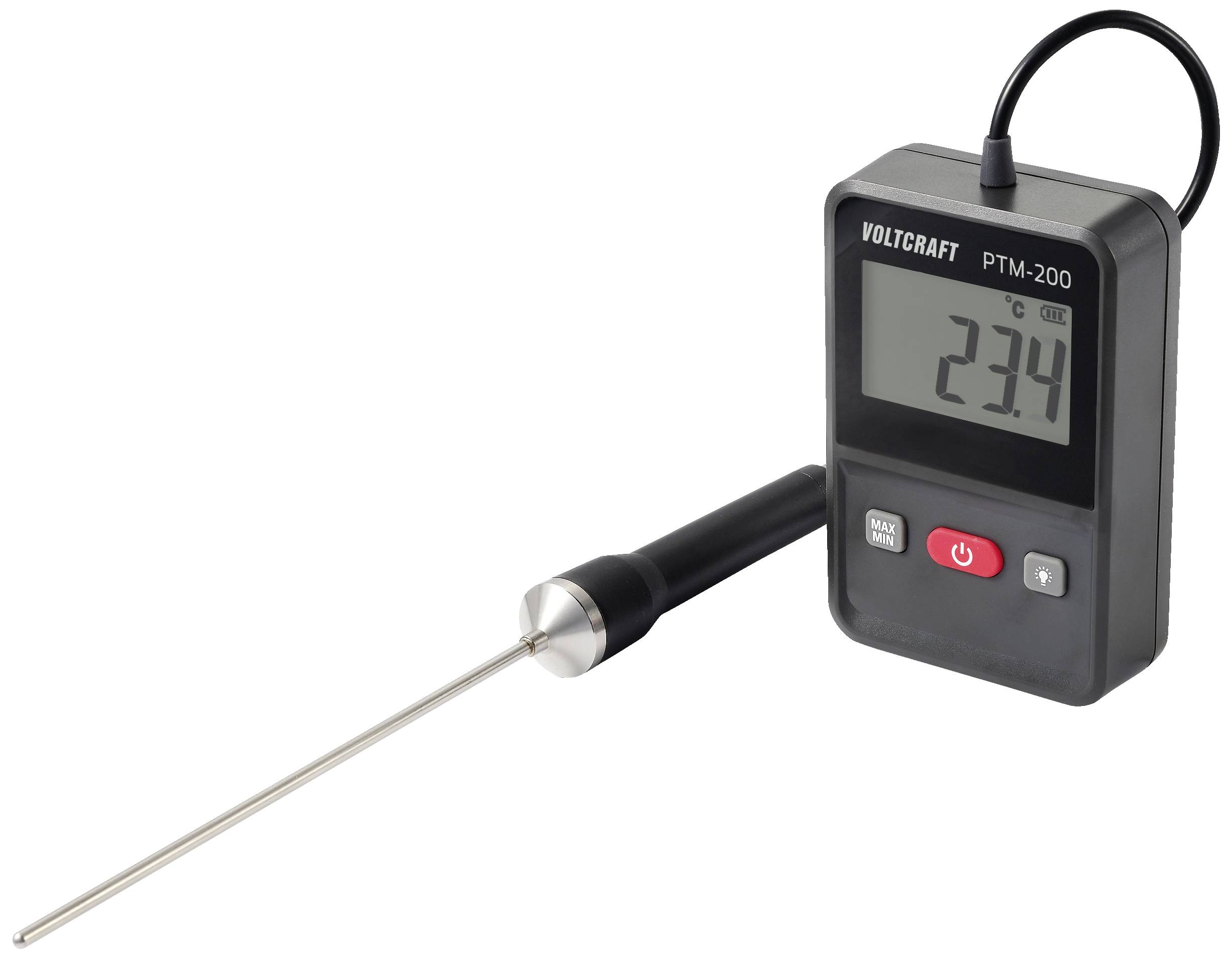 Digital thermometer with probe displays 23.4 degrees Celsius on the display.