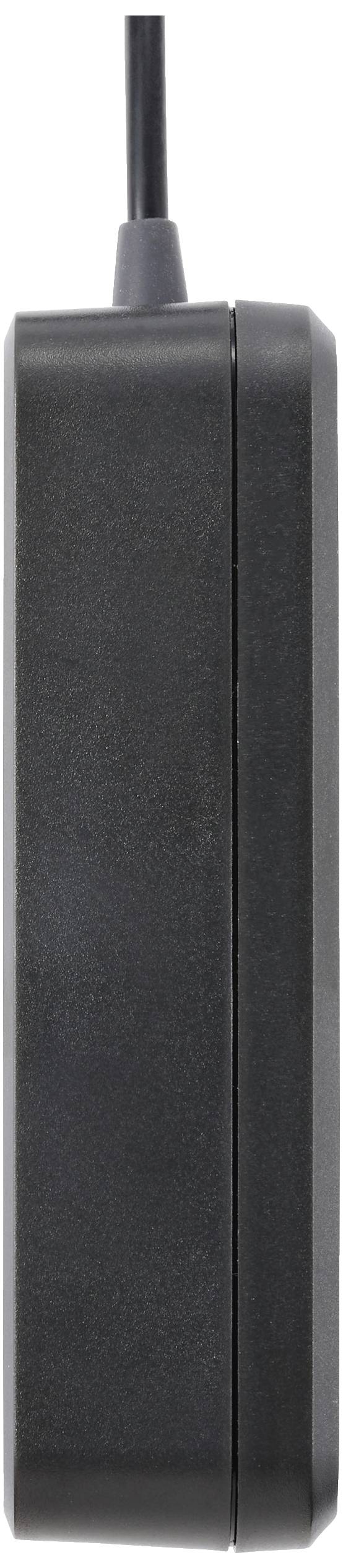 Black, rectangular power supply unit in profile. A cable leads into the device from the top.