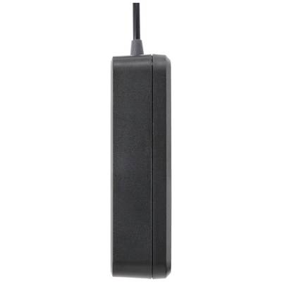Black, rectangular power supply unit in profile. A cable leads into the device from the top.