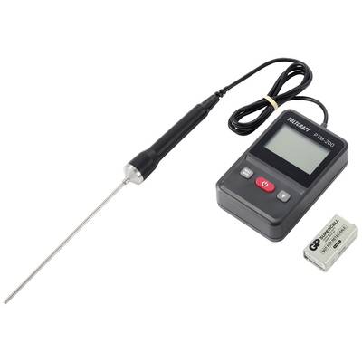 Digital thermometer with a long measuring probe, connected to a display device. A separate battery is placed beside it.