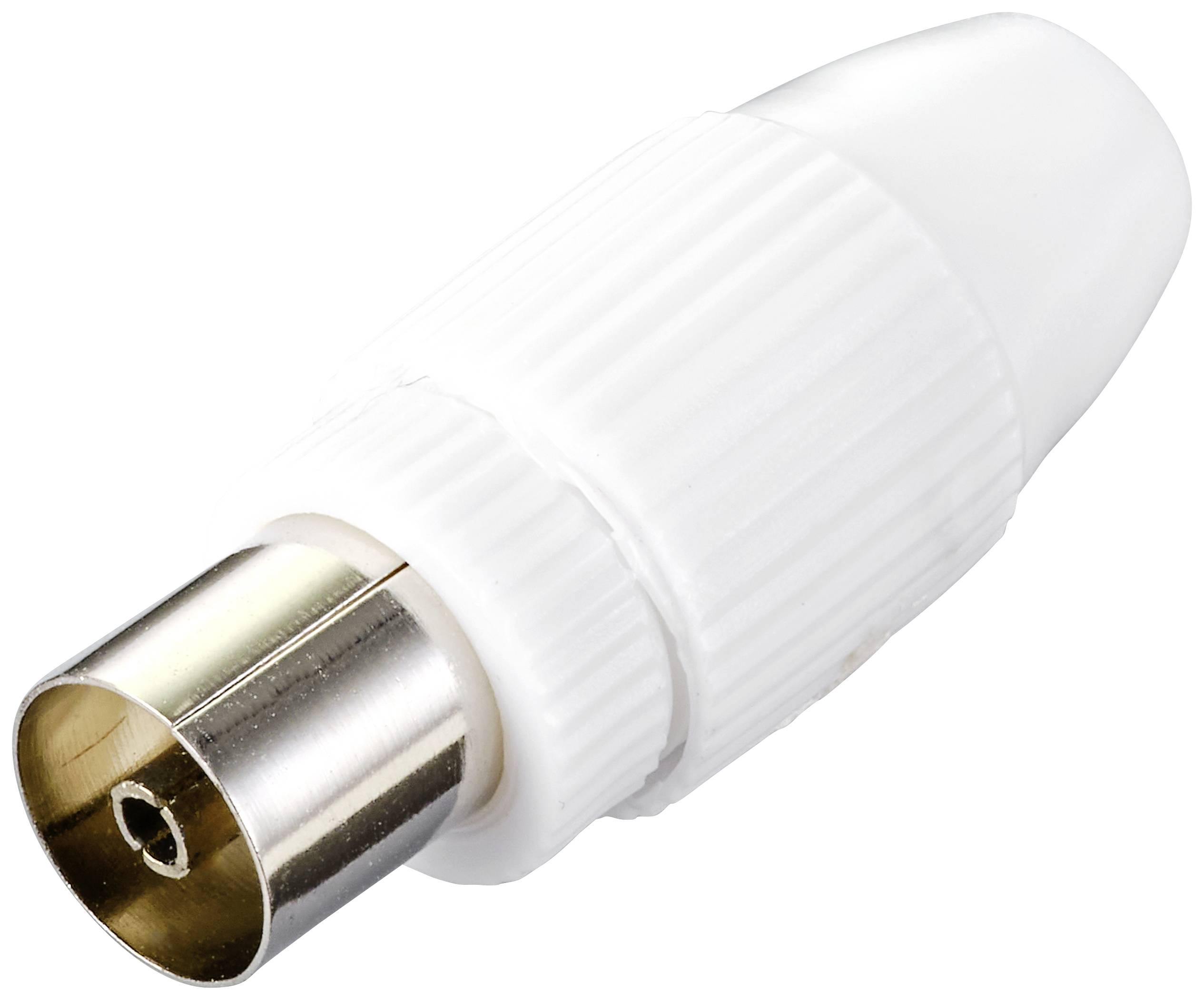A white antenna plug with a knurled grip and metal tip. Suitable for connecting coaxial cables for TV and radio reception.