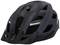A black bicycle helmet with ventilation openings and a protective visor on a white background.