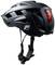 A black bicycle helmet with red rear lights, ventilation openings, and an adjustable chin strap.
