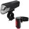 Bicycle light set with front and rear lights. The front light is black, has a rectangular shape and comes with a mounting bracket.
