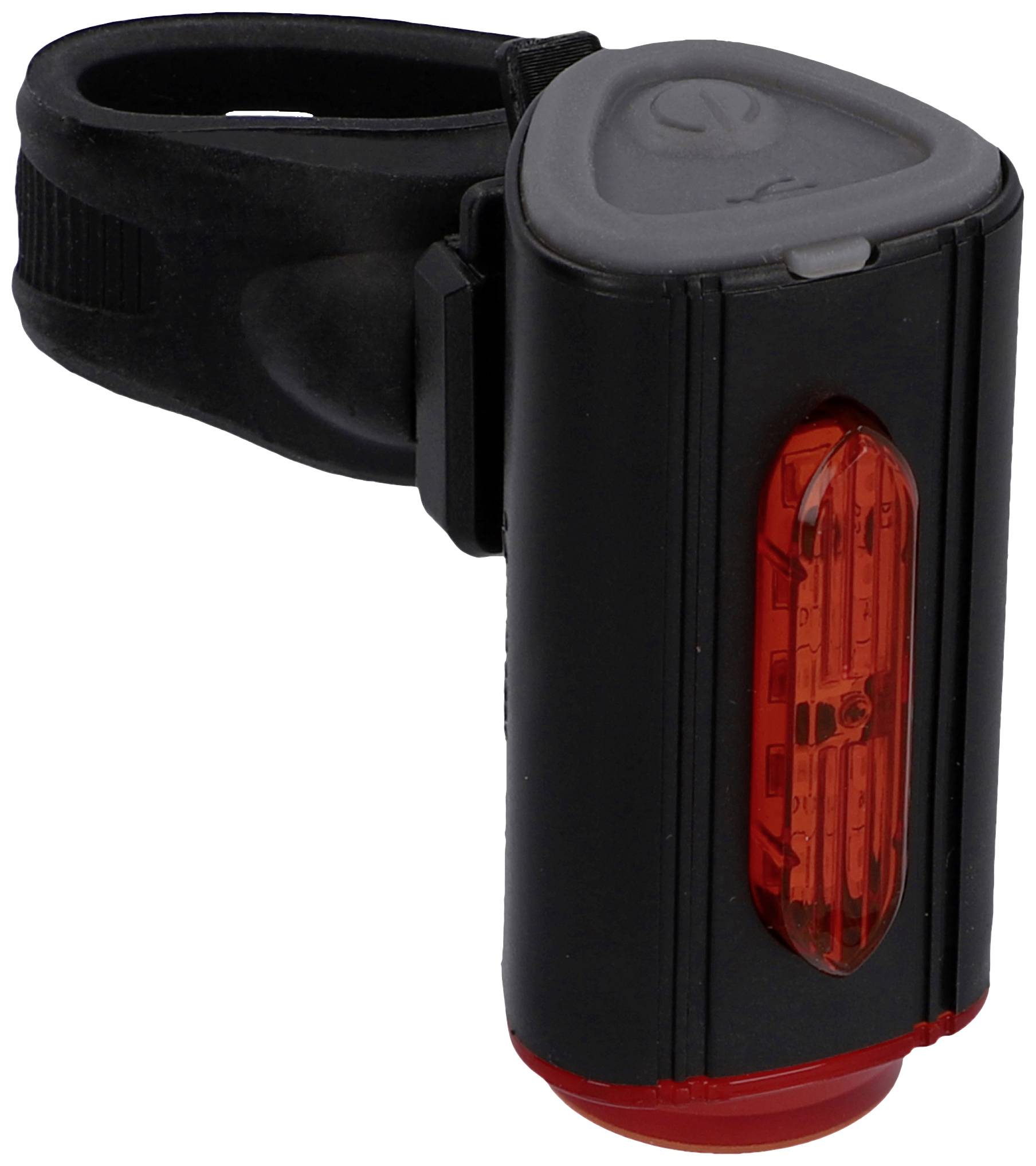 Black bicycle rear light with red LED strip and adjustable mounting bracket.