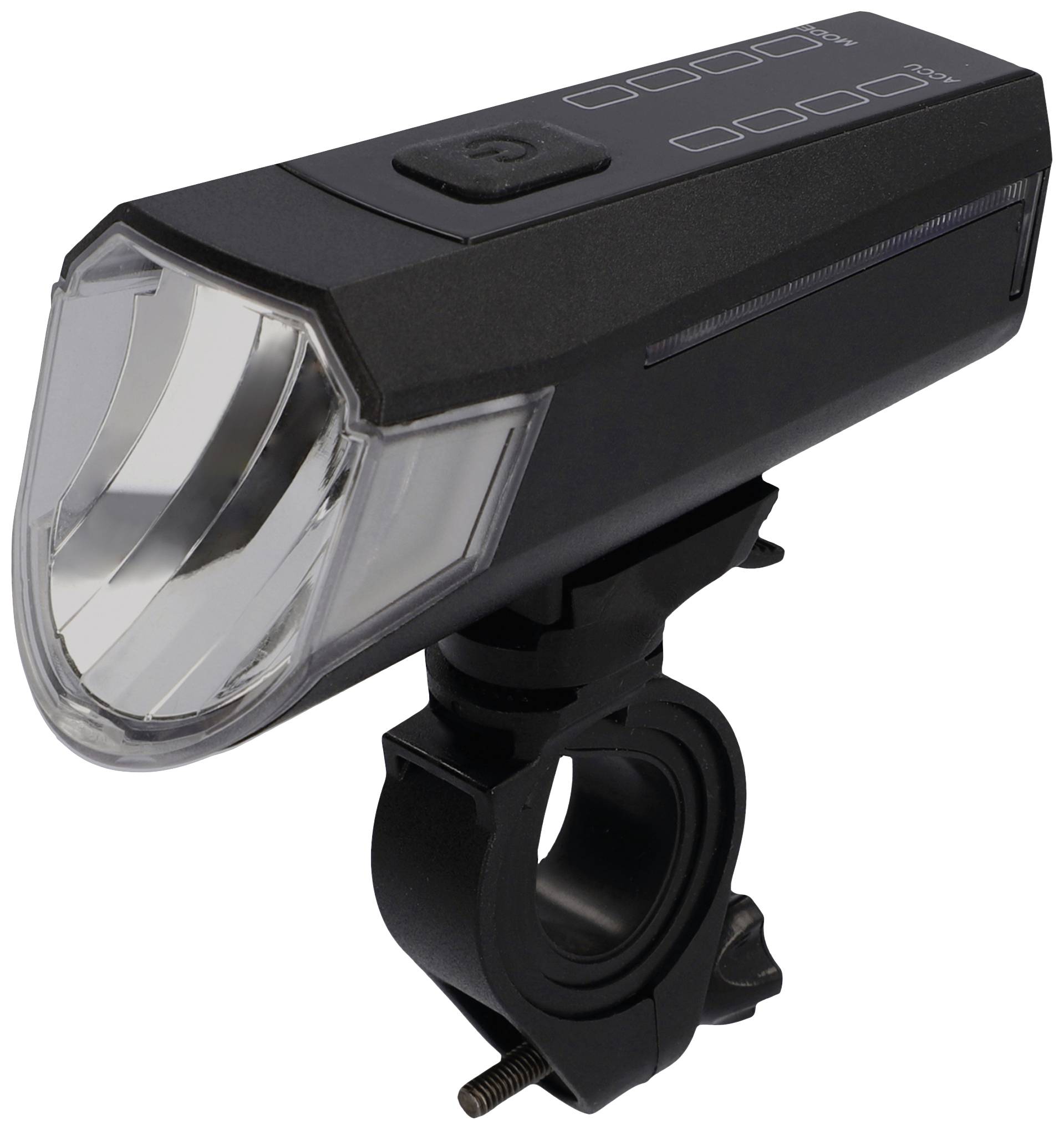 Bicycle lamp with rectangular housing and handlebar mount, side light emission.