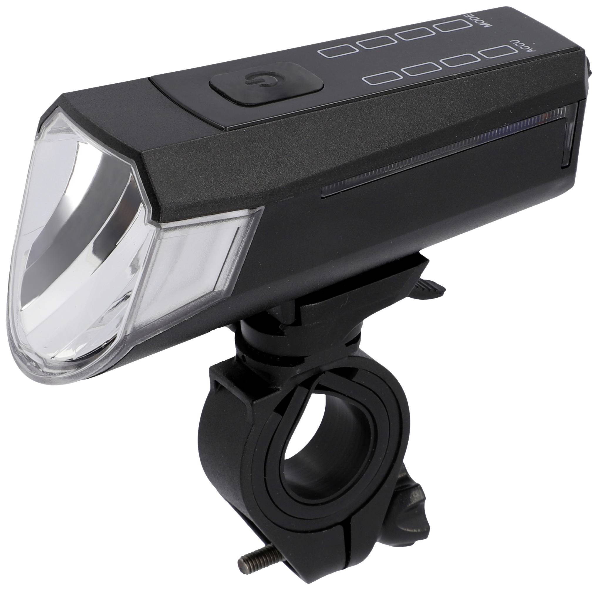 Black bicycle light with a transparent front and mounting bracket. On the top surface are control buttons and a battery level indicator.