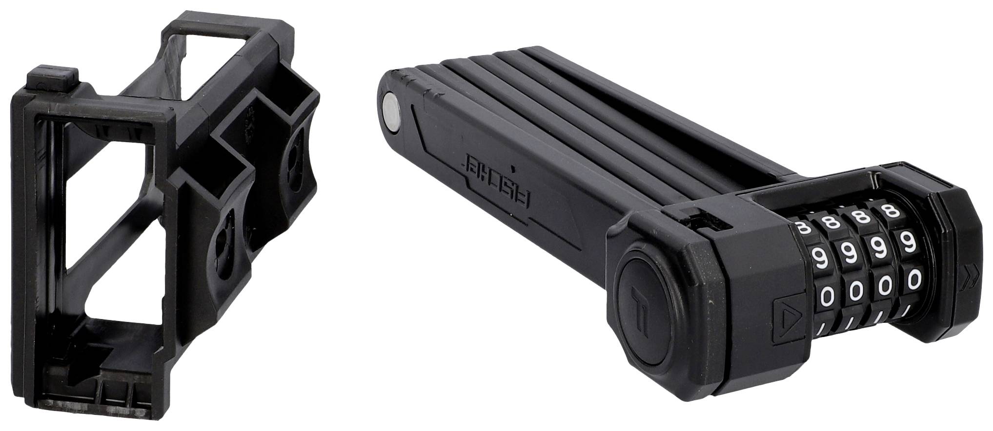 Bicycle lock with number code and mounting bracket. The lock has foldable links and the bracket is attached to the bicycle frame.