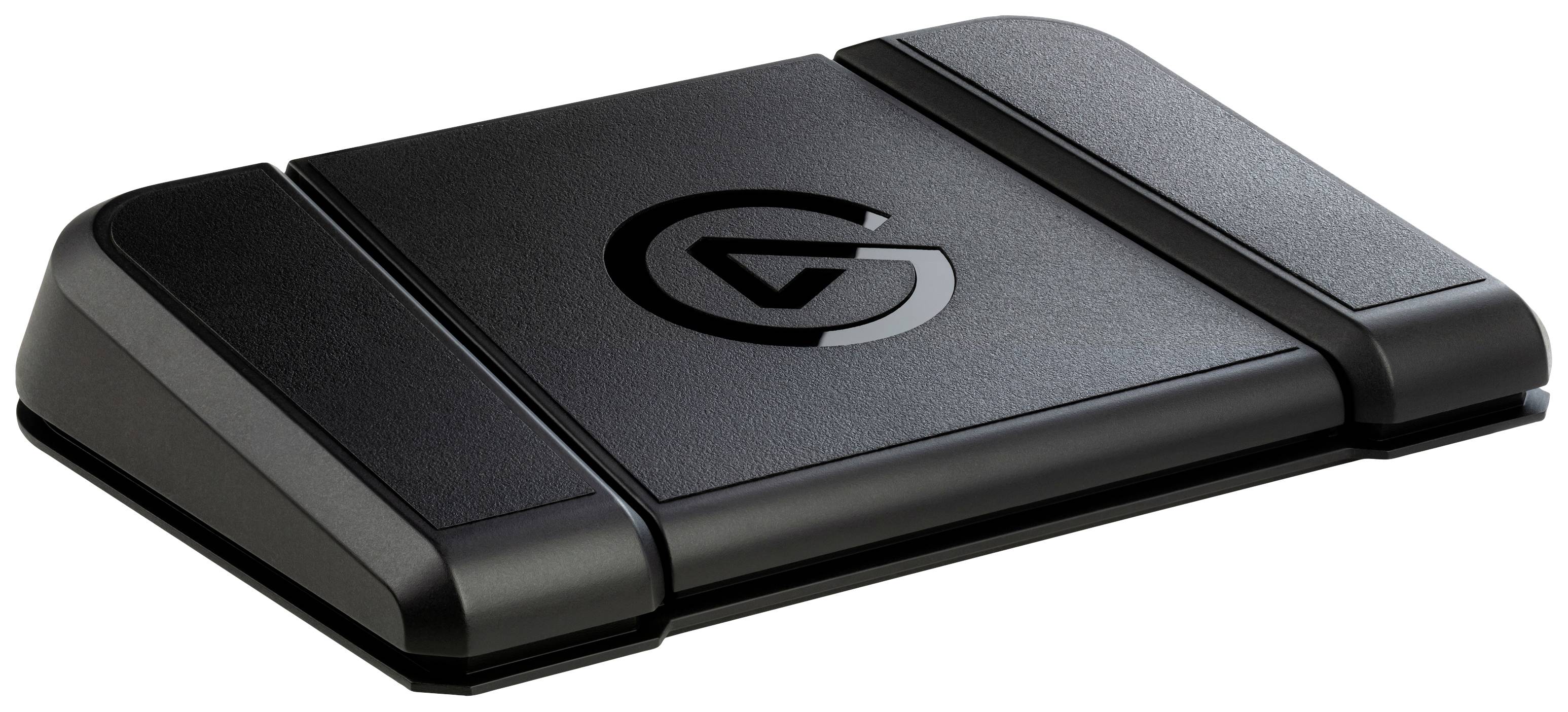 A black electronic device with a circular logo embossed in the centre. It has rounded corners and a slim profile.