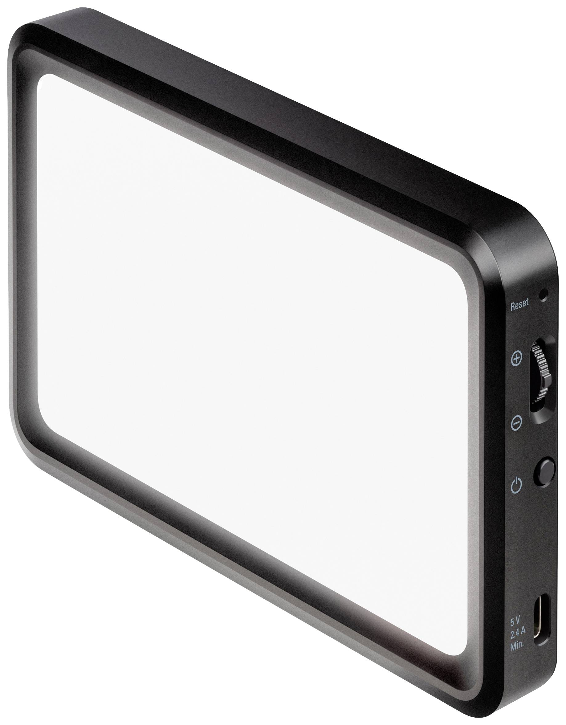 A rectangular, flat, black electronic device with smooth edges and side ports.