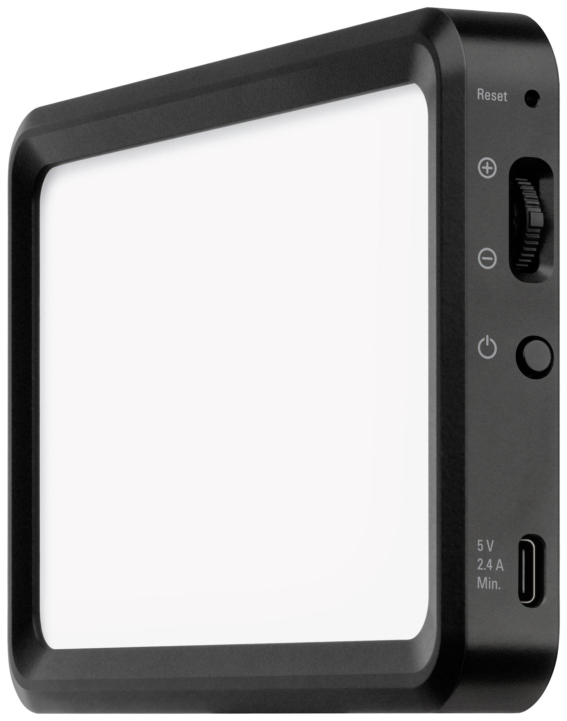 Black LED lamp with white panel, side controls for brightness adjustment and USB connection.