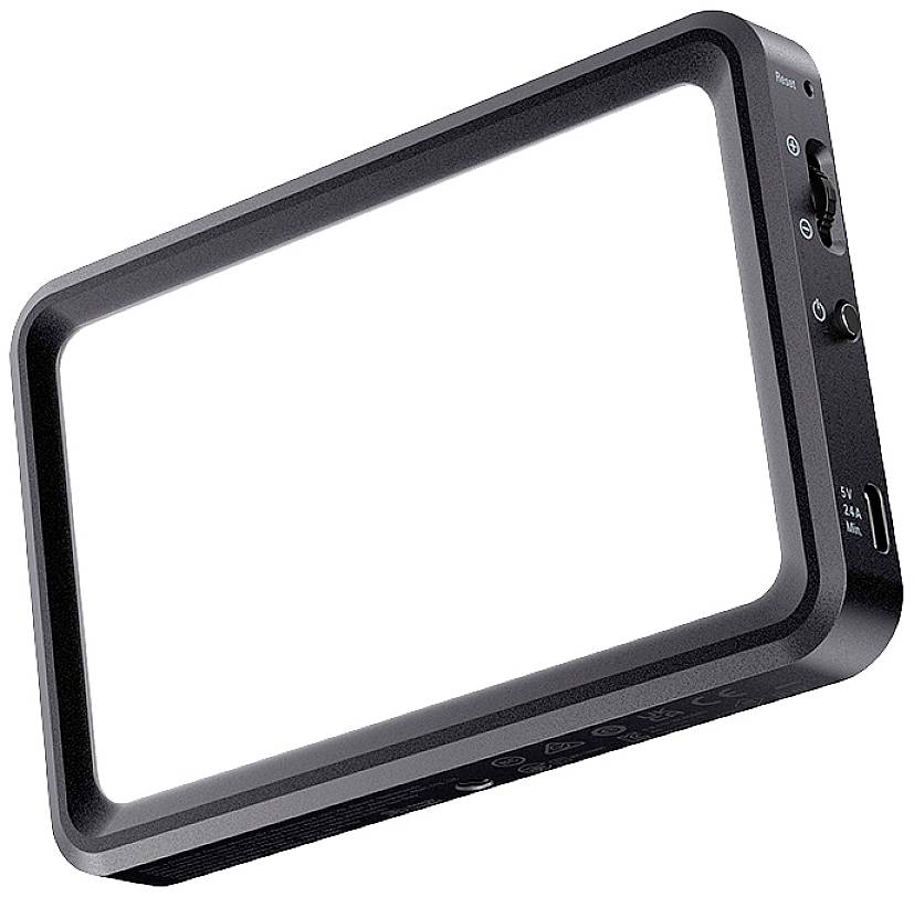 Rectangular black LED light with side control panel and USB port. Perfect for professional photography.