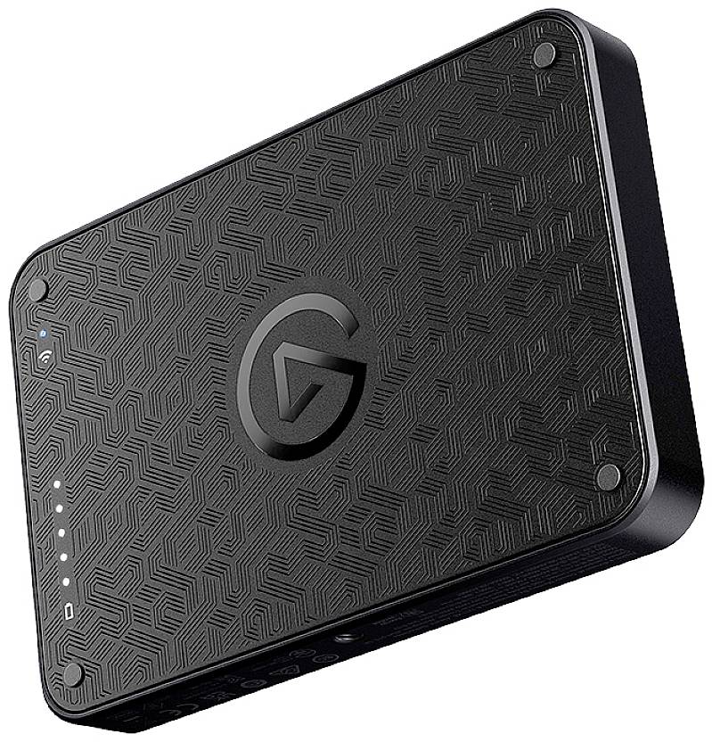 'Black electronic device with texture, displaying a stylised 'G' logo and LED indicators on one side.'