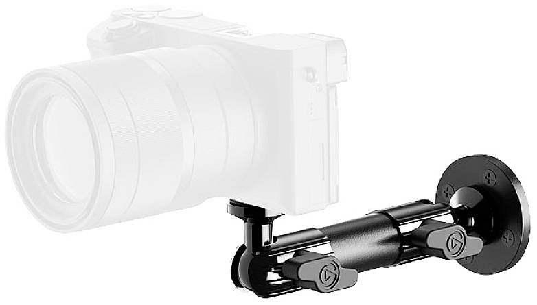 Black wall mount for securing a camera that is facing left.