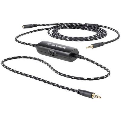 Audio cable with adapter and jack plugs. Black housing with inscription 'Chat Link Pro'. Adjustable switch in the middle.