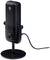 Black microphone on a stand, with adjustment knobs and connected cable, ideal for sound recordings or podcasting.