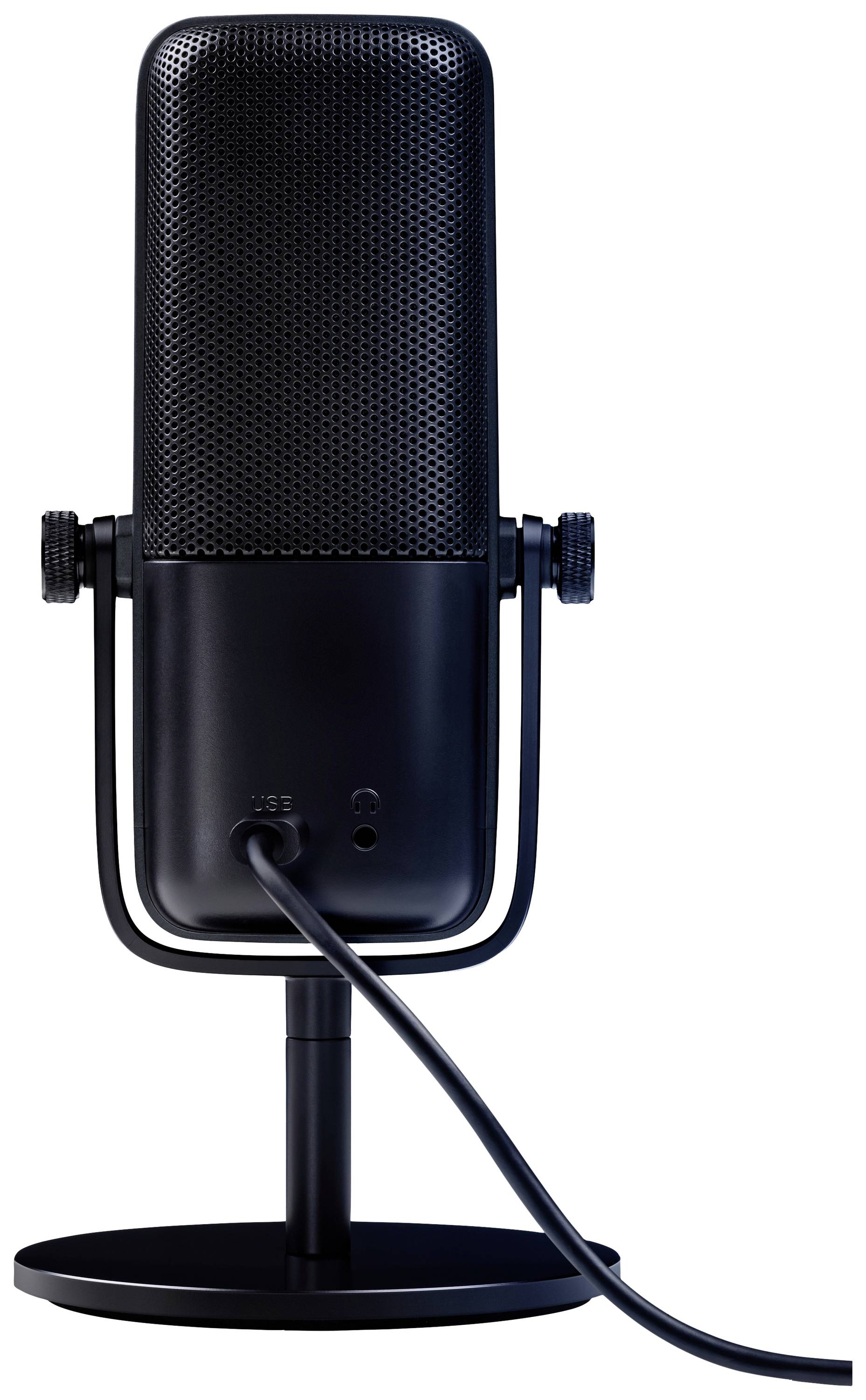 A black standing microphone with a connected cable, positioned frontally. It is mounted on a round base.