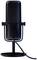 A black standing microphone with a connected cable, positioned frontally. It is mounted on a round base.