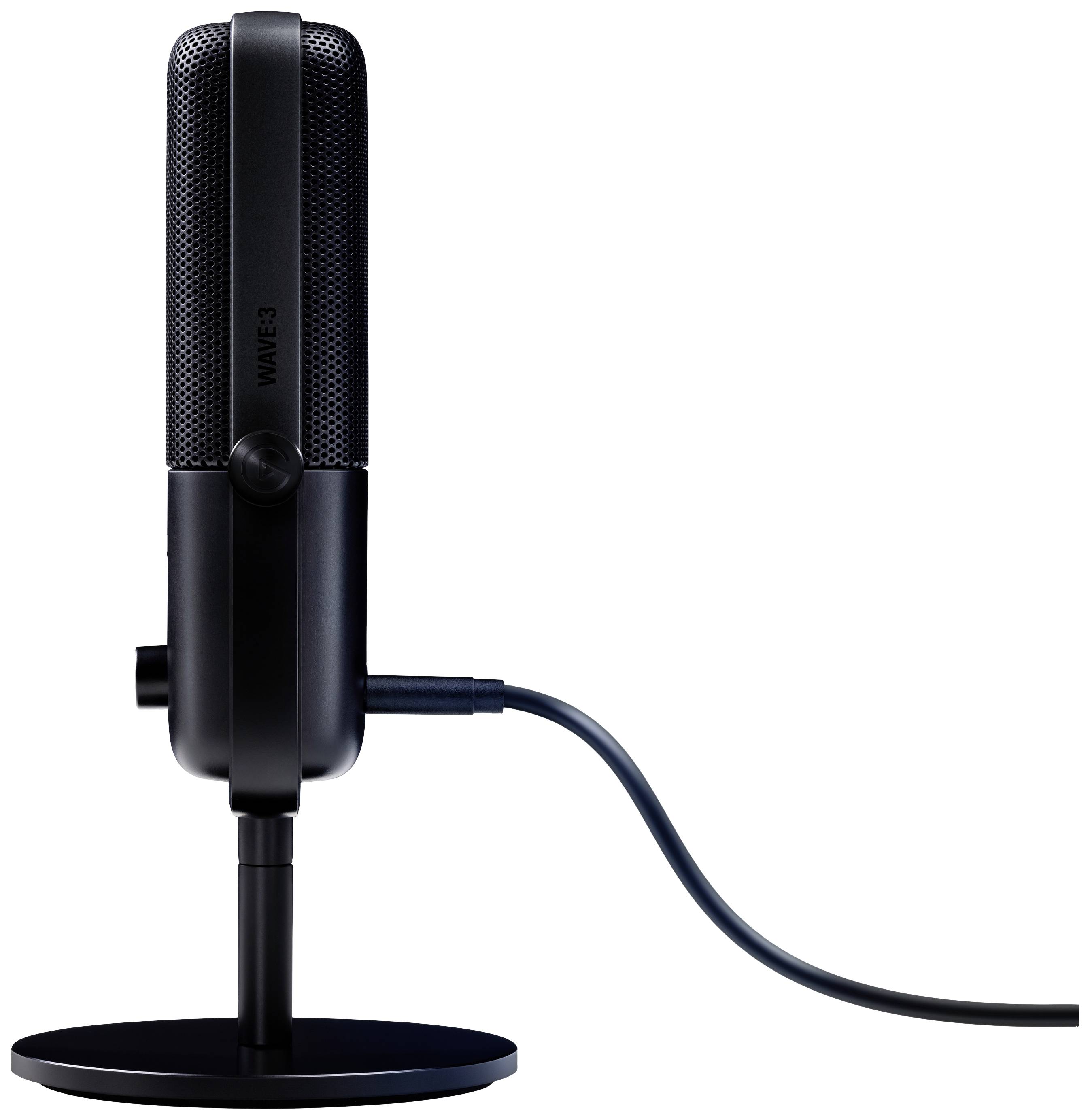 A black microphone on a stand, viewed from the side, with a connected cable.