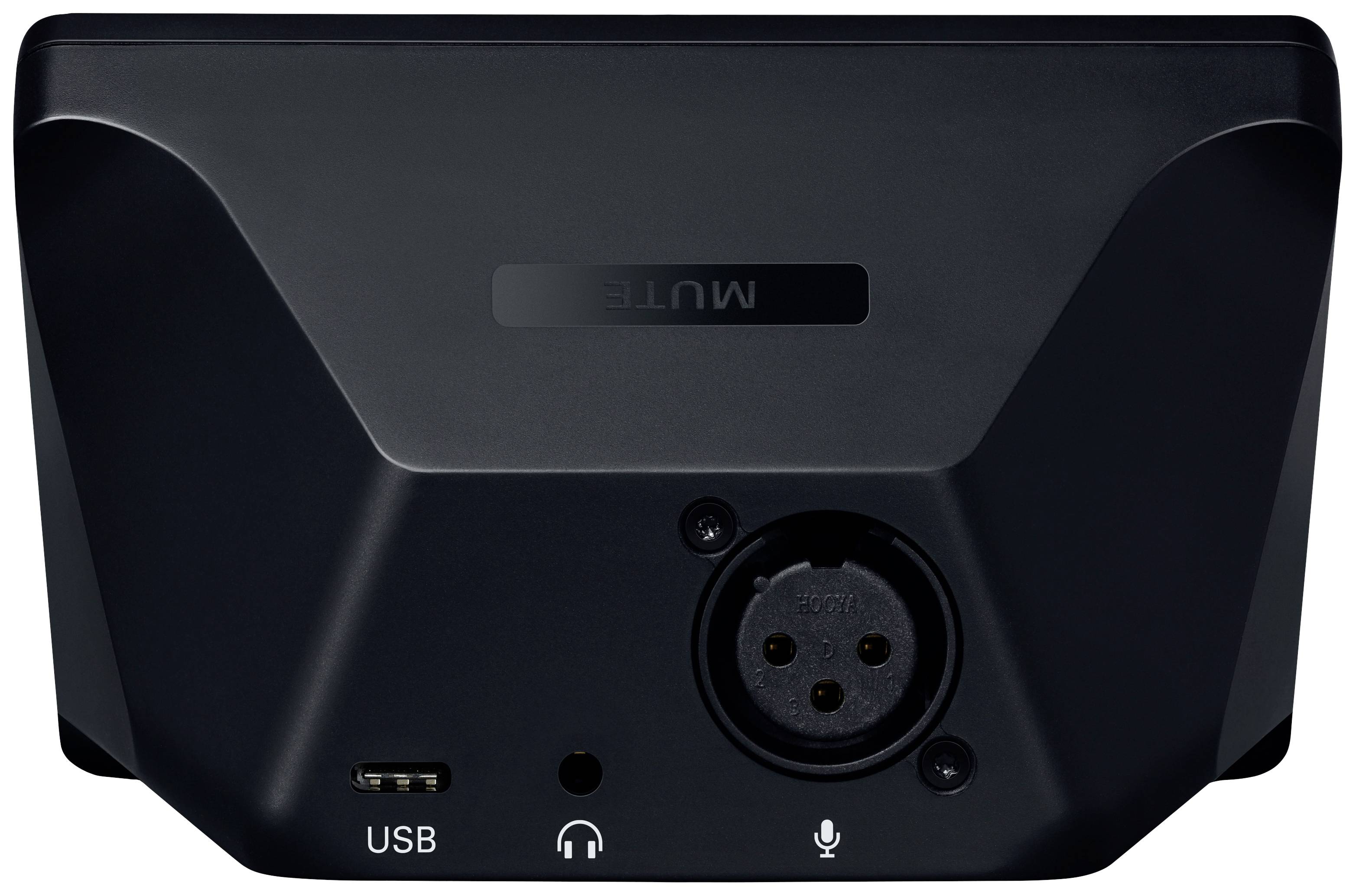 A microphone with sockets on the back, including USB, headphone, and XLR connections. The 'mute' button is visible at the top.