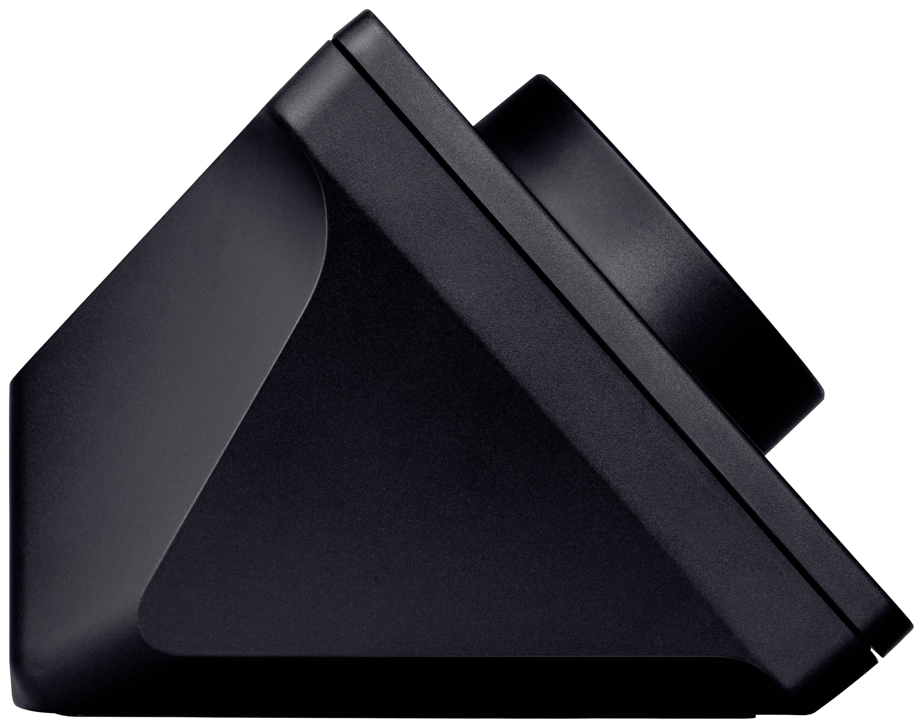 Black, triangular webcam with rounded edges, shown at an angle from the side, suitable for computer mounting.<br><br>Note: The translation is accurate to British English and maintains the original description's structure and meaning.