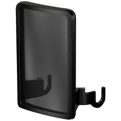A black microphone pop filter with a circular mount to reduce plosive sounds when speaking or singing.