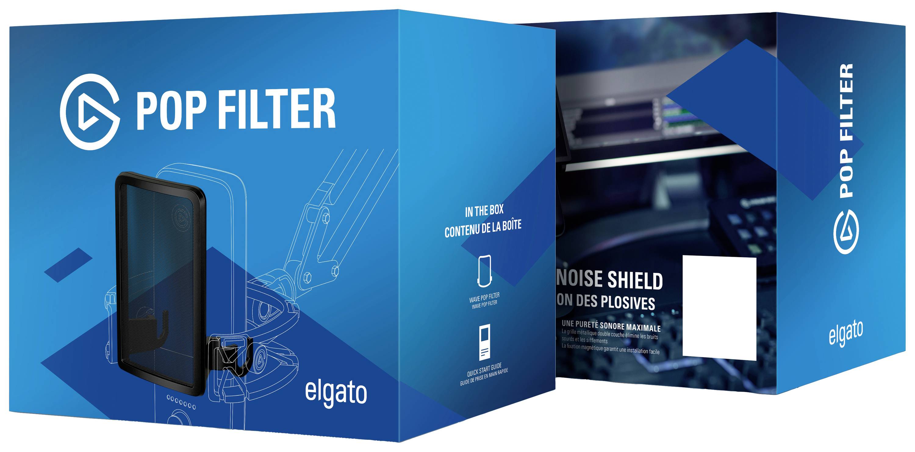 The packaging displays an 'Elgato Pop Filter', a microphone accessory designed to reduce plosive sounds, styled in blue tones.