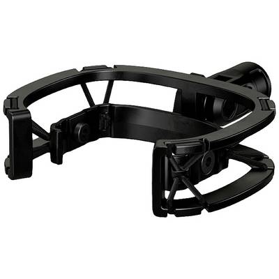 Black metallic microphone spider, used for mounting a microphone and reducing vibrations.