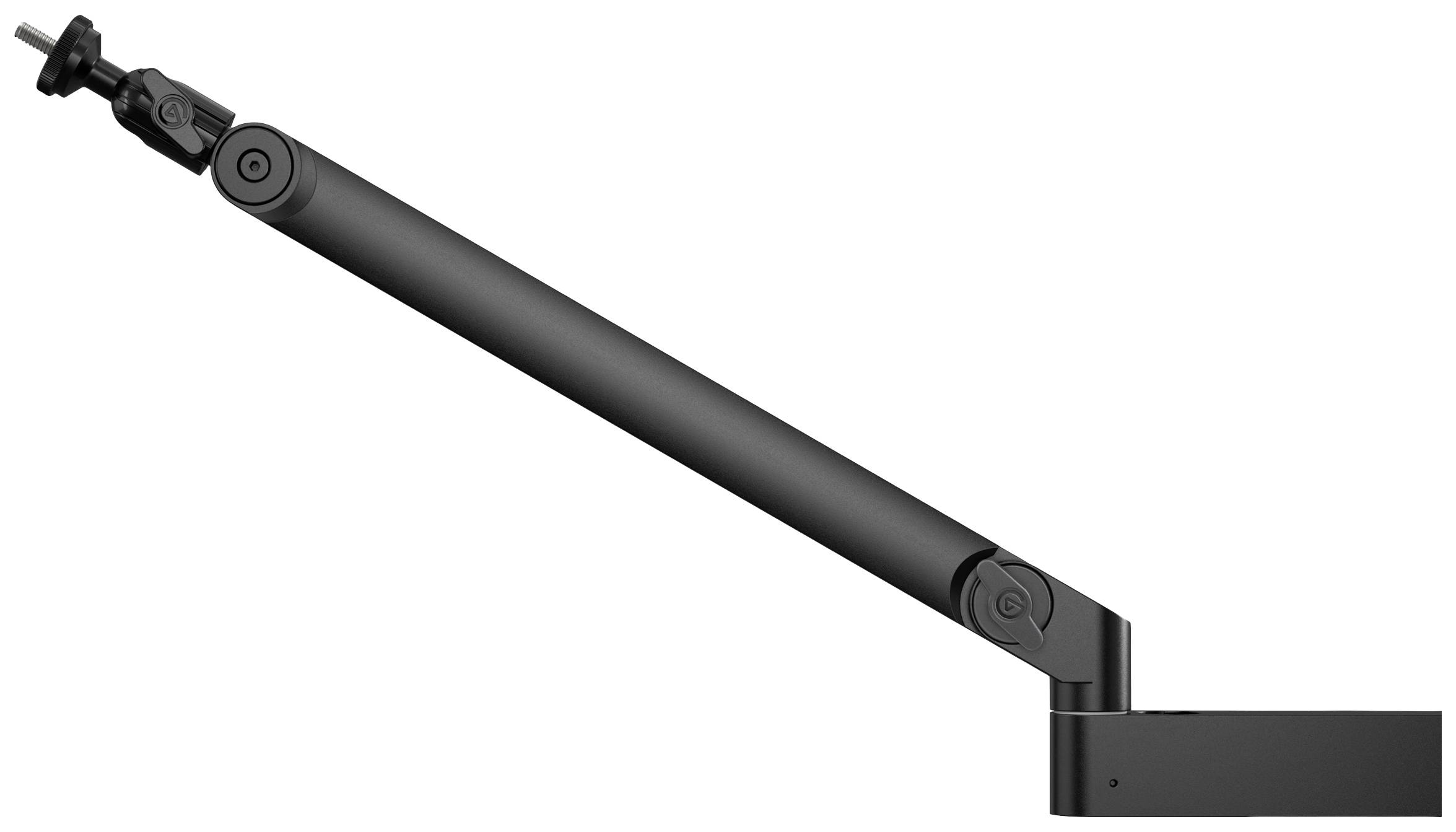 A black, pivoting arm for mounting devices, with adjustable joints, ideal for flexible positioning.