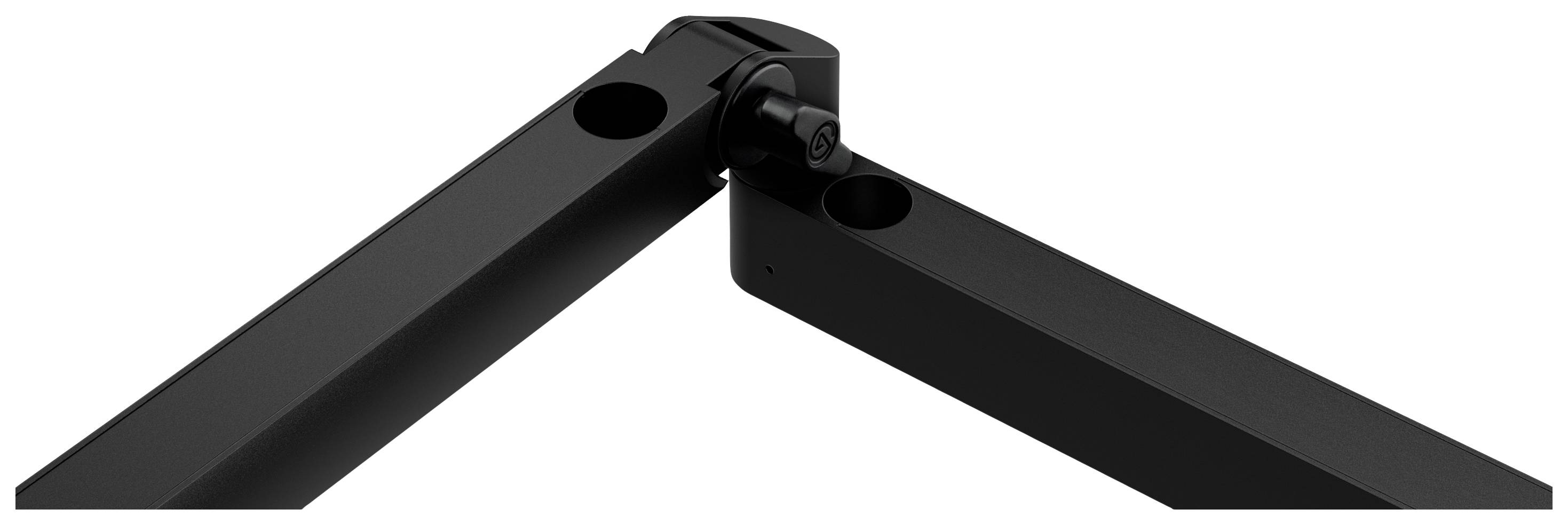 Two black, rectangular metal arms with a joint connection, likely part of a foldable mechanism or stand.
