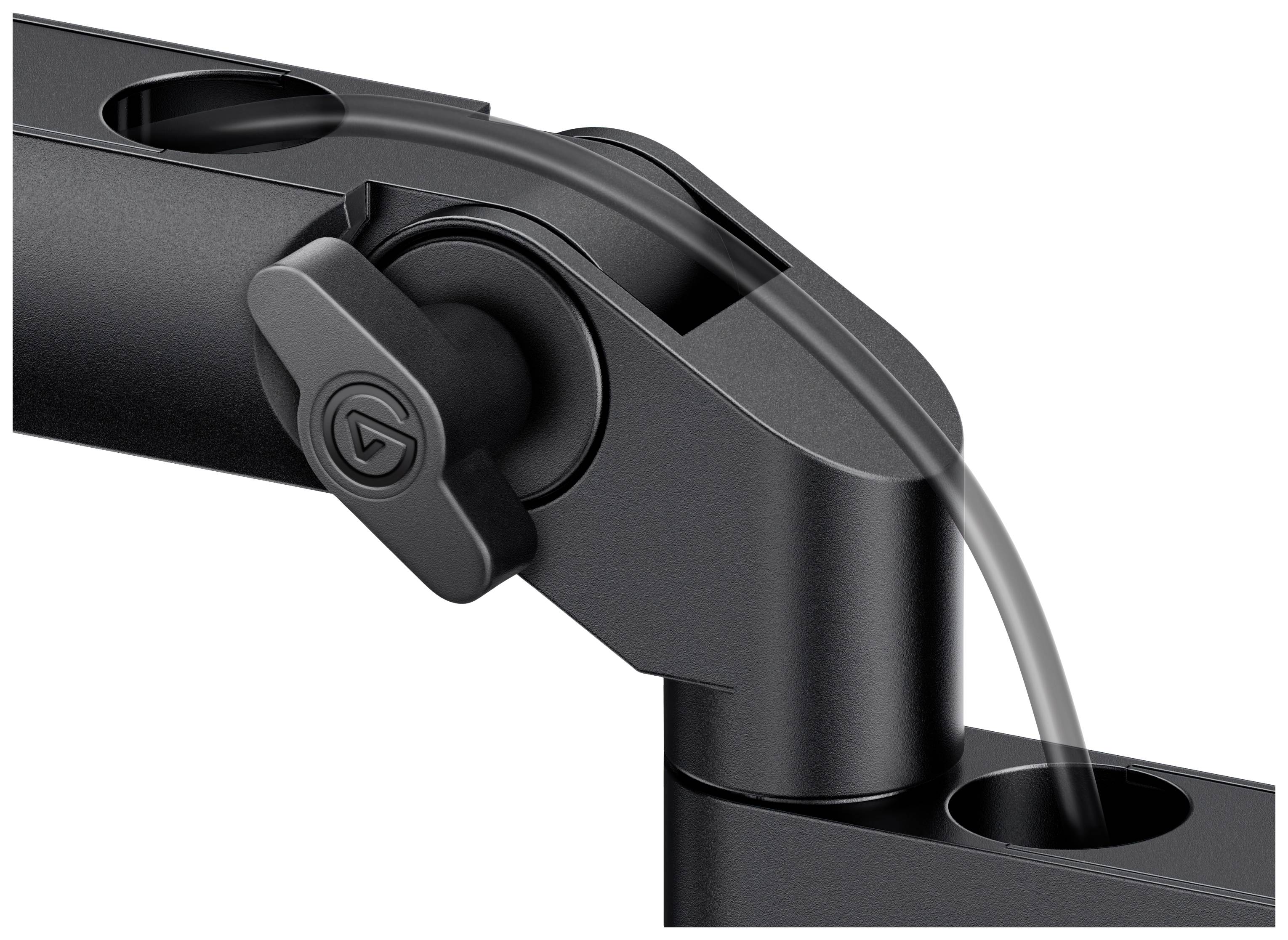 A black joint piece of a mounting arm with an adjustment screw. It connects two metal parts for flexibility.