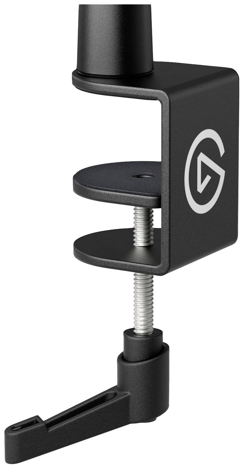 Black desk mount with screw clamp and logo. Suitable for attaching devices to the edge of a desk.
