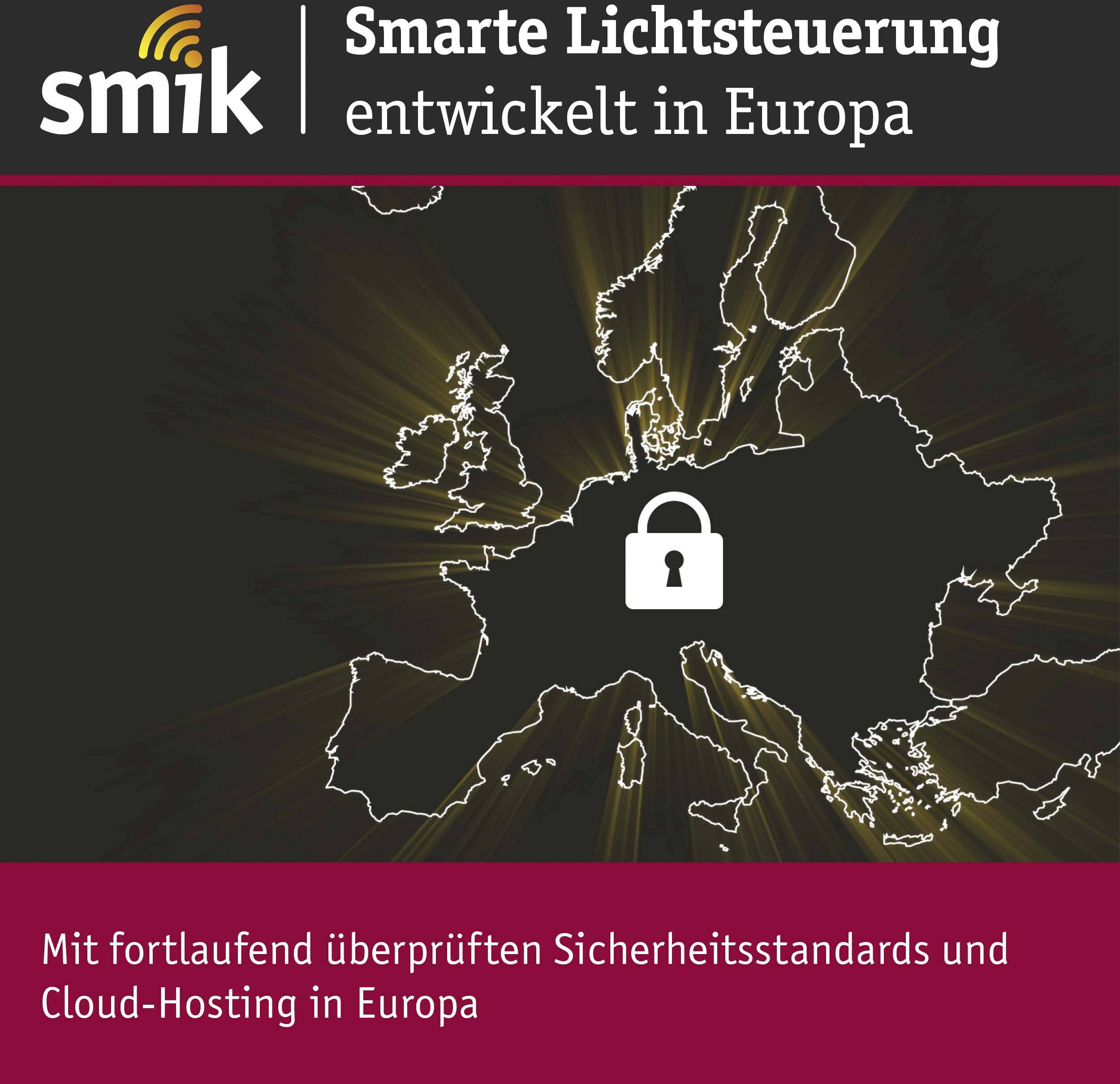 Map of Europe with a castle symbol representing security. Text: 'Smart Lighting Control Developed in Europe'