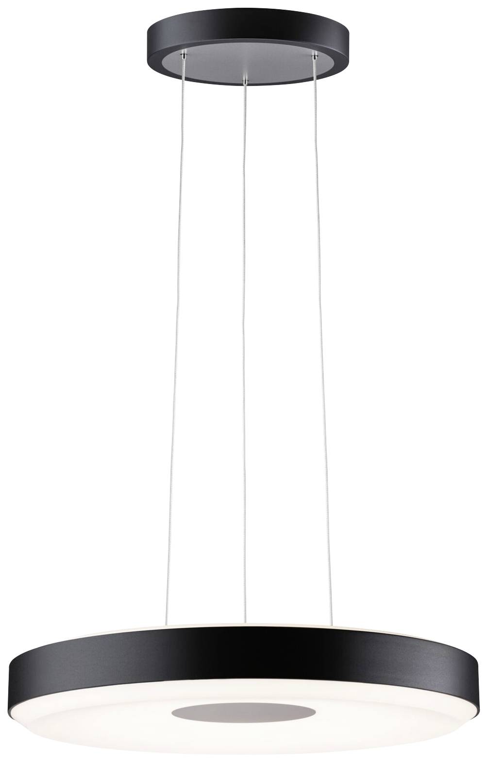 A modern, round pendant light with a black rim, suspended from the ceiling by four slender cables. It shines brightly.