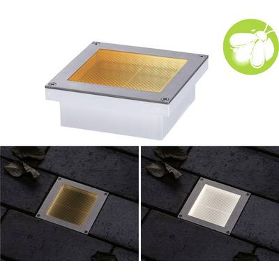 A square LED ground recessed spotlight, displaying yellow and white light in the dark. Environmentally friendly symbol in the top right corner.