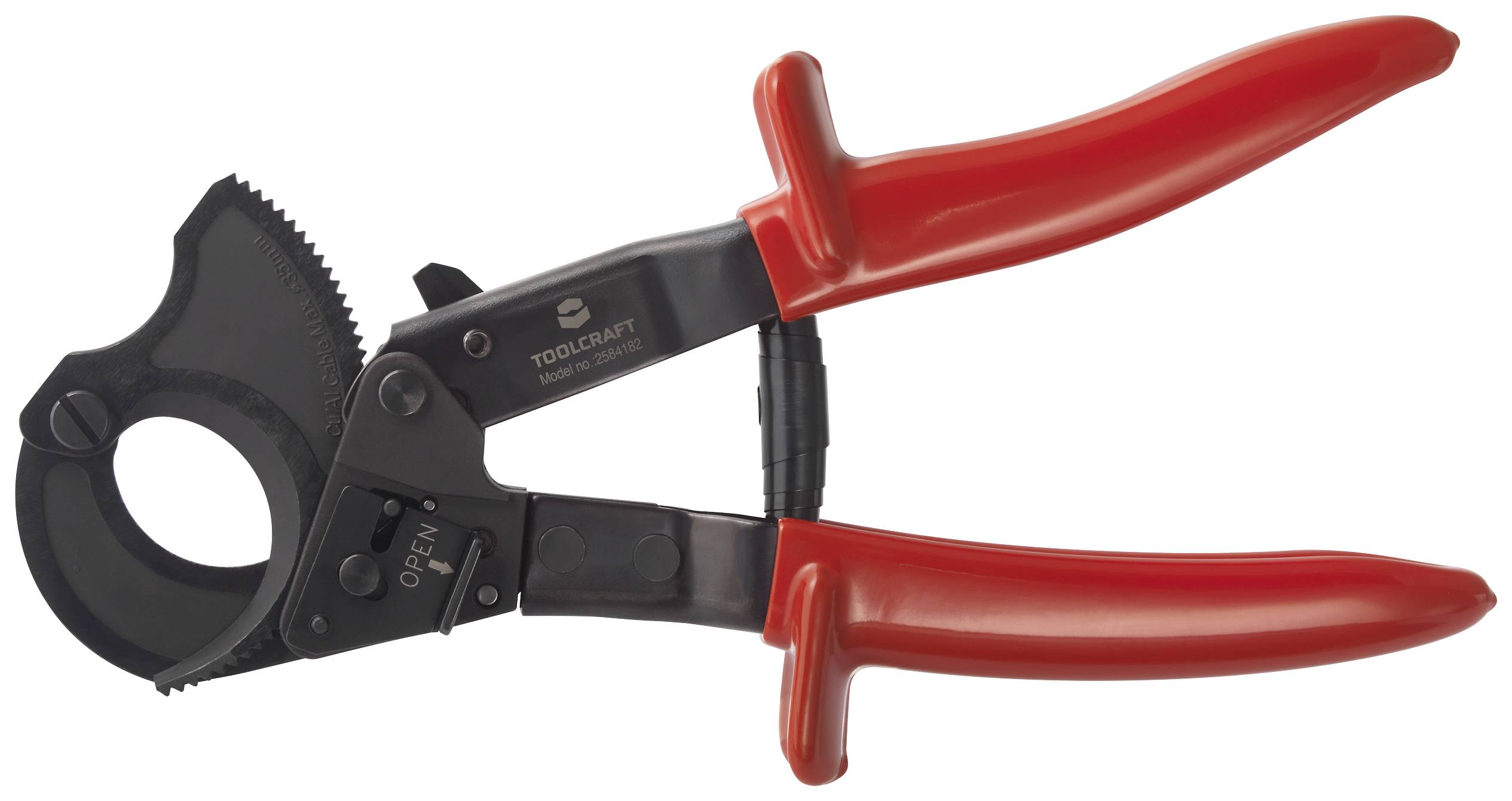 A red cable cutter with black blades, suitable for cutting thick cables.