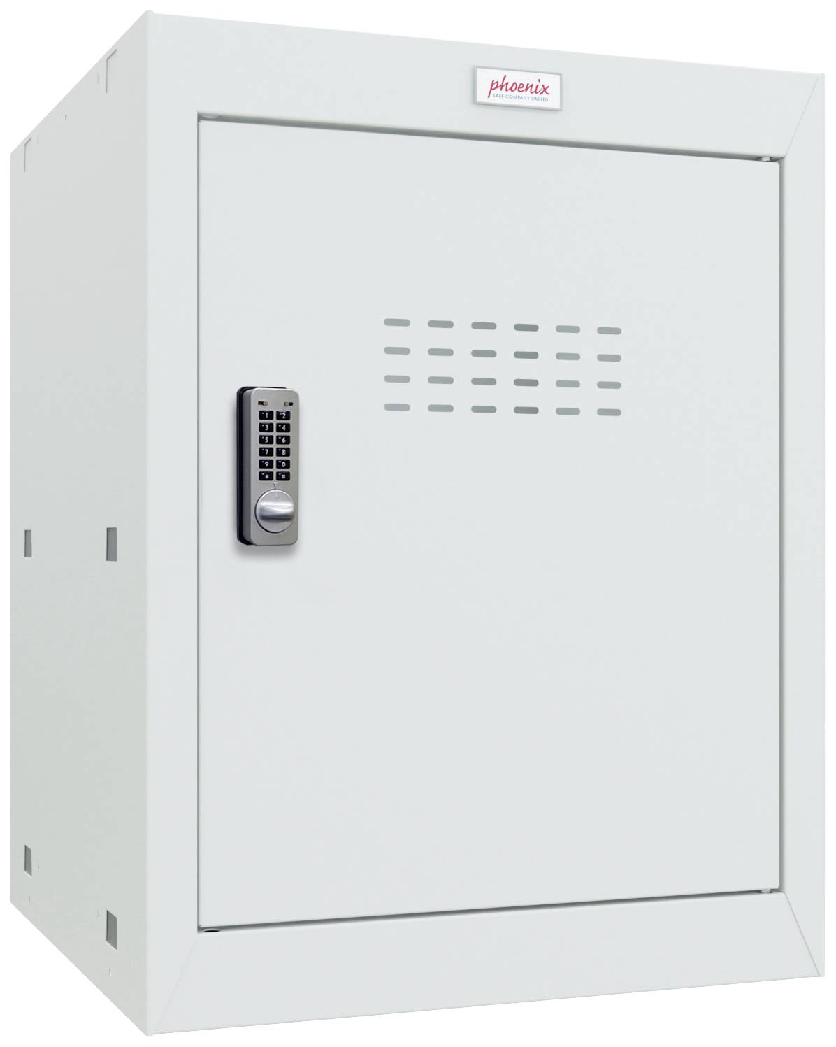 A white metal cabinet with an electronic keypad lock on the front.