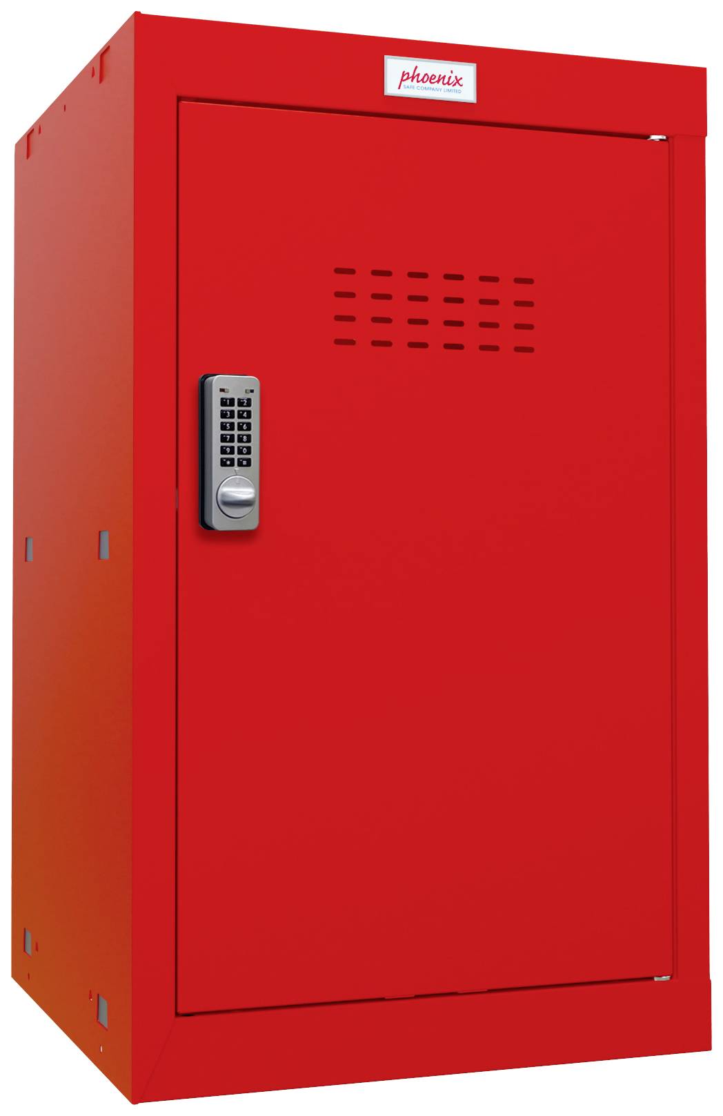 Red metal filing cabinet with combination lock and ventilation slots. 'Phoenix' is written on the top.